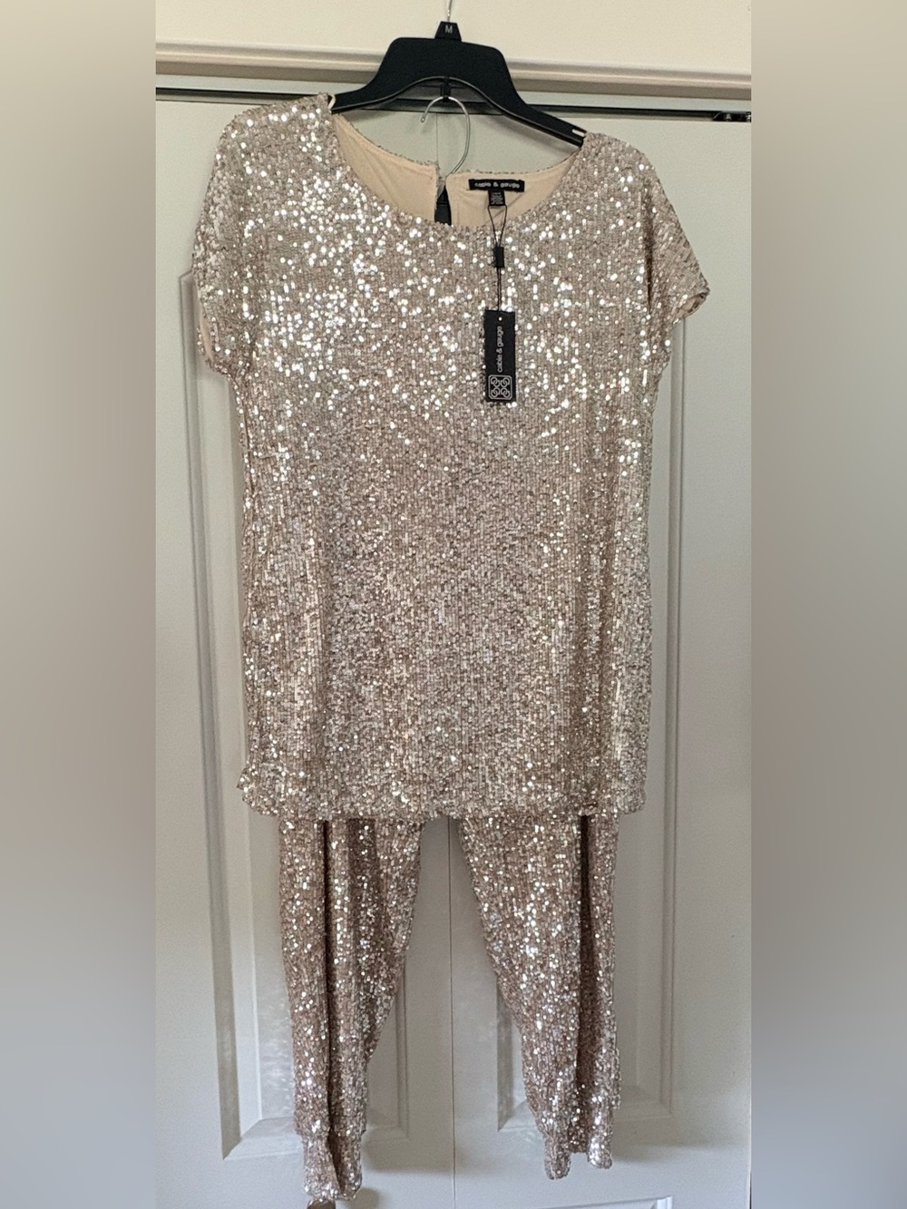 Cable & Gauge Silver Sequin Short-Sleeve 2 Pc Pant Suit
